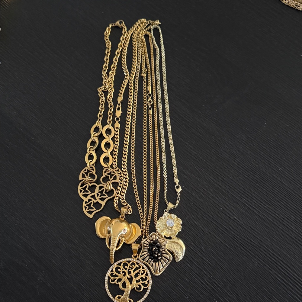 Gold Elephant and Tree Pendant Necklace Set